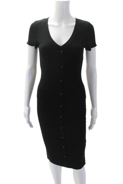 LNA Womens Ribbed V-Neck Buttoned Short Sleeve Mini Dress Black Size XS