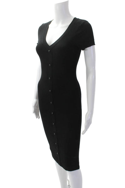 LNA Womens Ribbed V-Neck Buttoned Short Sleeve Mini Dress Black Size XS