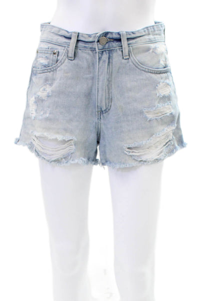 JBD Womens Zipper Fly Mid Rise Distressed Fringe Denim Shorts Blue Size Medium