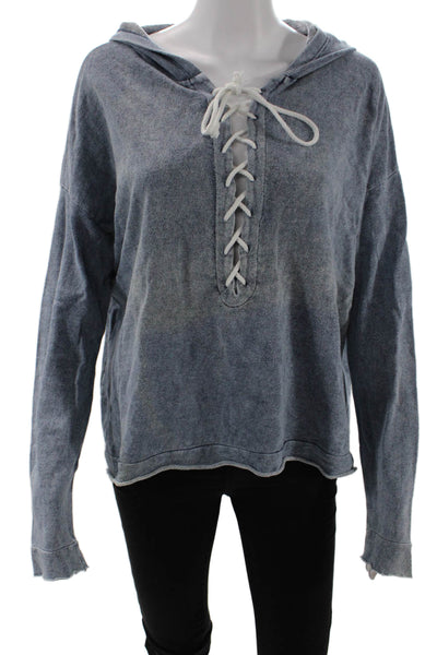 Generation Love Womens Cotton Lace Front Long Sleeve Hoodie Blue Size M