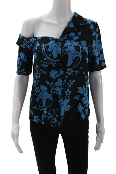 A.L.C. Womens Silk Printed Collar Short Sleeve Blouse Top Blue Size 0