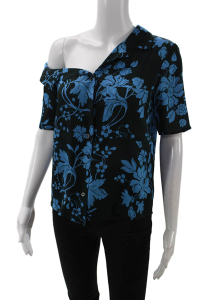 A.L.C. Womens Silk Printed Collar Short Sleeve Blouse Top Blue Size 0