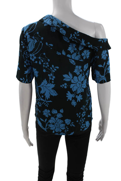 A.L.C. Womens Silk Printed Collar Short Sleeve Blouse Top Blue Size 0