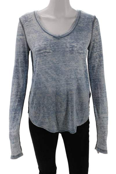 NSF Womens Distress Scoop Neck Long Sleeve Top Blue Size P
