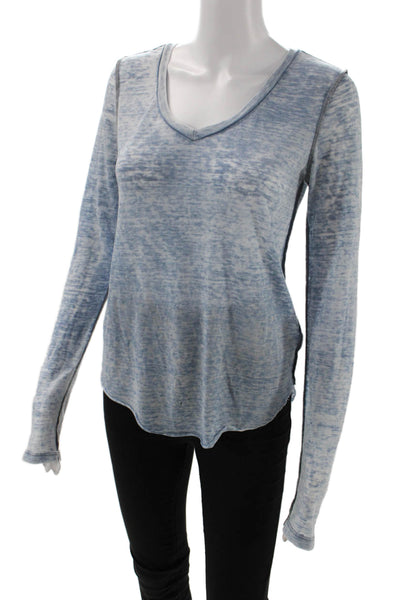NSF Womens Distress Scoop Neck Long Sleeve Top Blue Size P