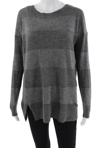 Vince Womens Cashmere Striped Crew Neck Sweater Grey Silver Size Medium
