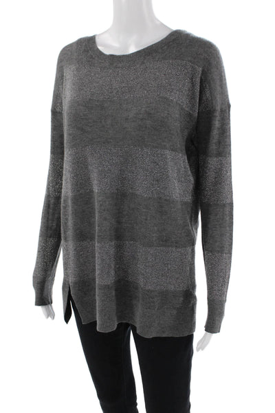 Vince Womens Cashmere Striped Crew Neck Sweater Grey Silver Size Medium