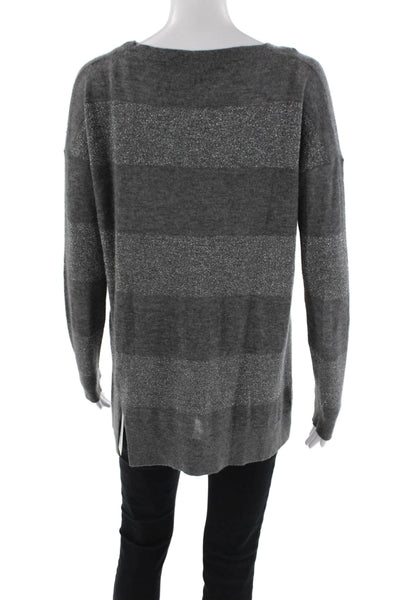 Vince Womens Cashmere Striped Crew Neck Sweater Grey Silver Size Medium