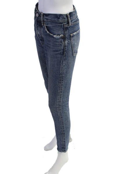 Moussy Womens Button Fly High Rise Fringe Cropped Jeans Blue Denim Size 24