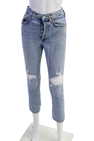 Agolde Womens Button Fly High Rise Distressed Cropped Jeans Blue Size 23
