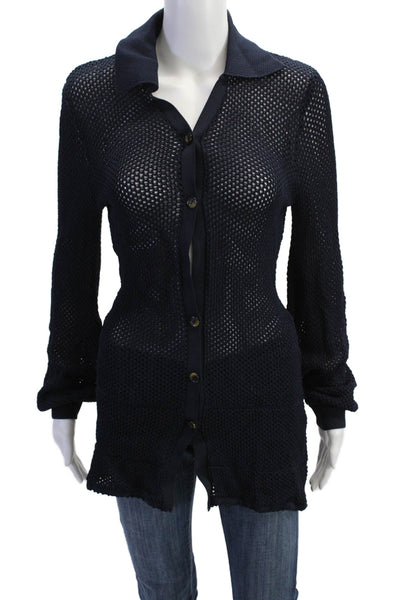 Solid & Striped Womens Button Front Collared Open Knit Shirt Navy Size XS