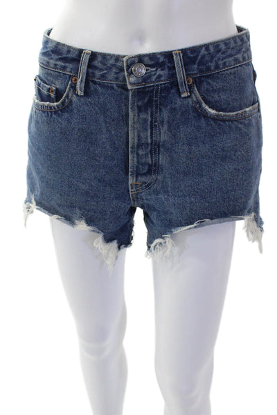 Grlfrnd Womens High Rise Fly Button Distress Denims Shorts Blue Size 25