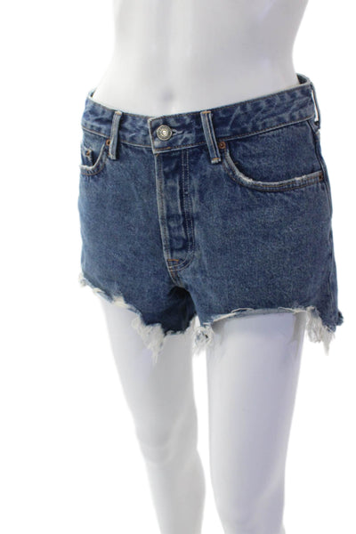 Grlfrnd Womens High Rise Fly Button Distress Denims Shorts Blue Size 25