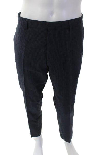 Hugo Boss Mens Check Print Straight Leg Pleated Front Dress Pants Blue Size 41