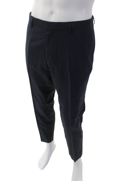 Hugo Boss Mens Check Print Straight Leg Pleated Front Dress Pants Blue Size 41
