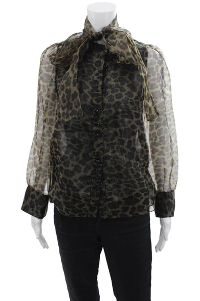 Zara Womens Sheer Animal Print Button Down Neck Tied Blouse Brown Size XS