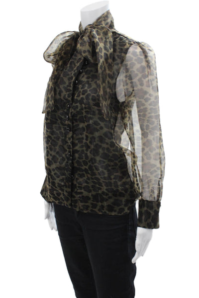 Zara Womens Sheer Animal Print Button Down Neck Tied Blouse Brown Size XS