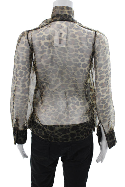 Zara Womens Sheer Animal Print Button Down Neck Tied Blouse Brown Size XS