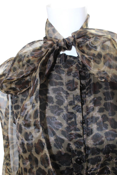 Zara Womens Sheer Animal Print Button Down Neck Tied Blouse Brown Size XS