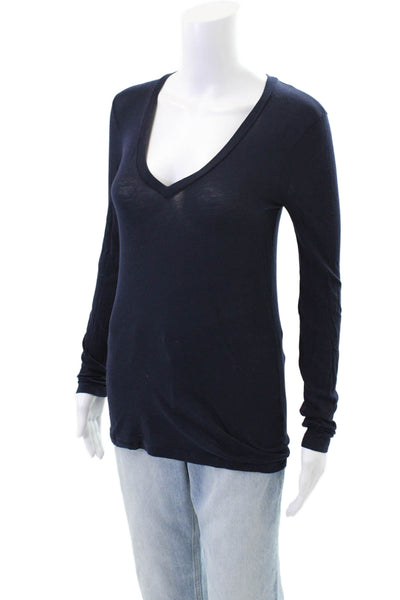 J Crew Womens Cotton Long Sleeve V-neck Fitted Top Navy Size XS