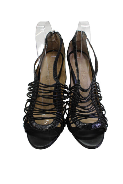 L.A.M.B. Womens Leather Embossed Strappy High Heels Shoes Black Size 8M