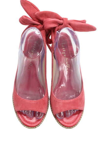 Bettye Muller Womens Suede Leather Peep Toe Ankle Tie Wedge Heels Pink Size 8