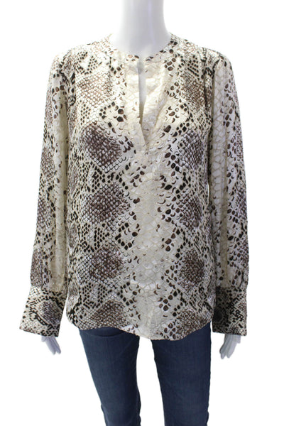 Elie Tahari Womens Silk Snakeskin Print Blouse White Brown Size Small