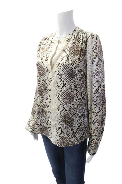 Elie Tahari Womens Silk Snakeskin Print Blouse White Brown Size Small