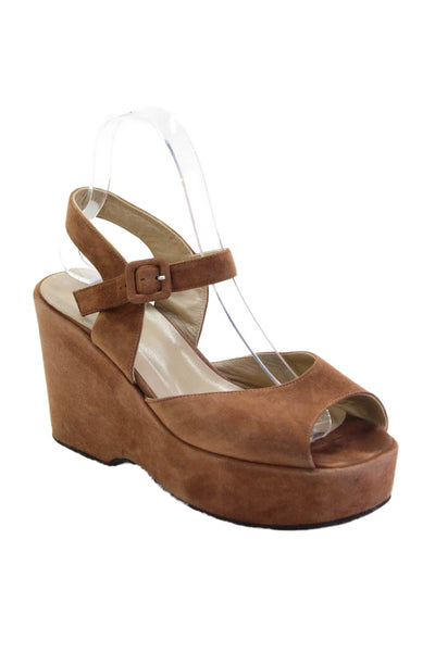 Varda Womens Suede Open Toe Ankle Strap Platform Wedges Brown Size 7.5