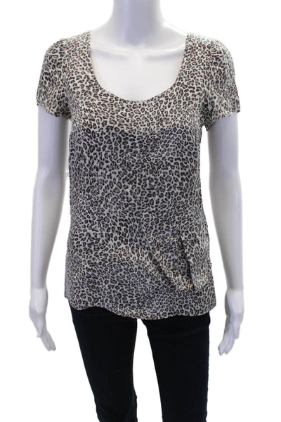 Gemma Womens Silk Animal Print Scoop Neck Short Sleeve Blouse Top Gray Size XS