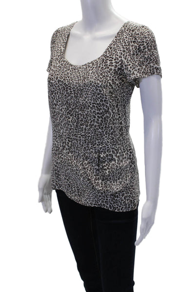 Gemma Womens Silk Animal Print Scoop Neck Short Sleeve Blouse Top Gray Size XS