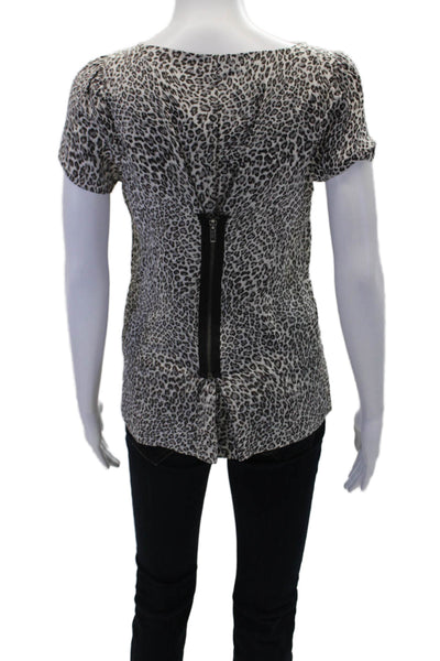 Gemma Womens Silk Animal Print Scoop Neck Short Sleeve Blouse Top Gray Size XS