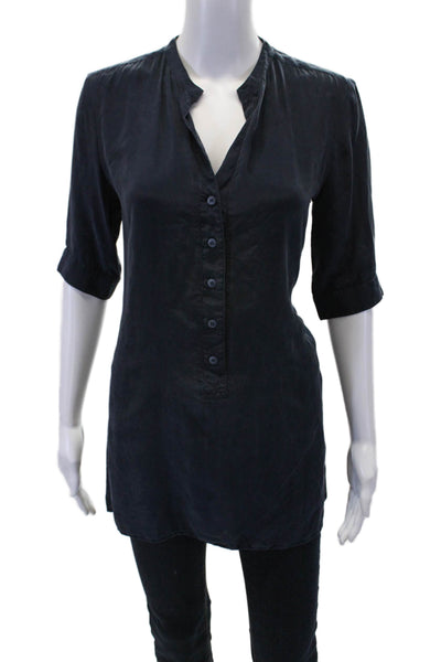 Tucker Womens Silk Henley V-Neck Short Sleeve Blouse Top Navy Size P