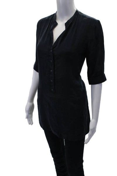 Tucker Womens Silk Henley V-Neck Short Sleeve Blouse Top Navy Size P