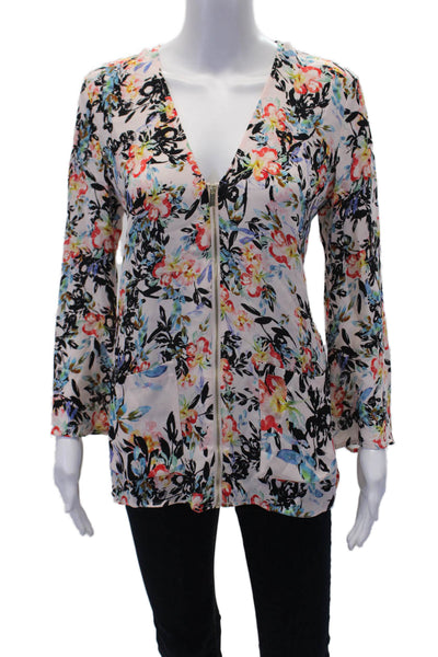 French Connection Womens Floral Zip Up V-neck Long Sleeve Blouse Top Pink Size 2