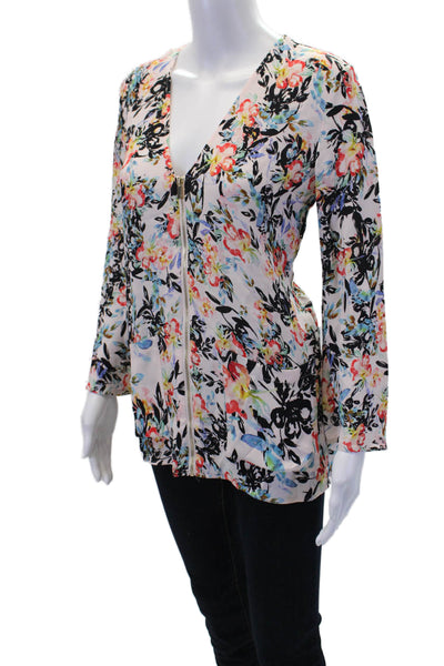 French Connection Womens Floral Zip Up V-neck Long Sleeve Blouse Top Pink Size 2