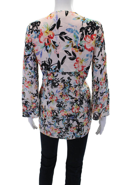 French Connection Womens Floral Zip Up V-neck Long Sleeve Blouse Top Pink Size 2