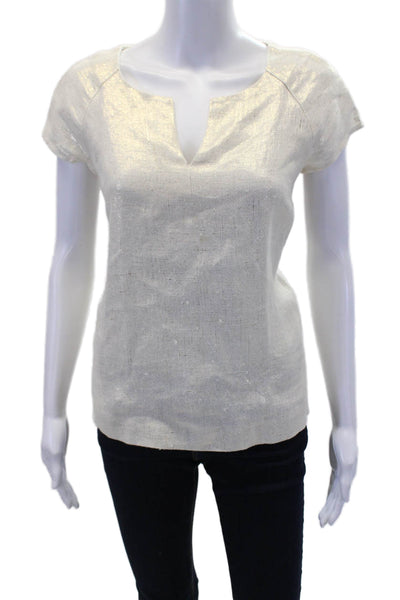 J Crew Womens Linen V-neck Short Sleeve Blouse Top Metallic Beige Size 0