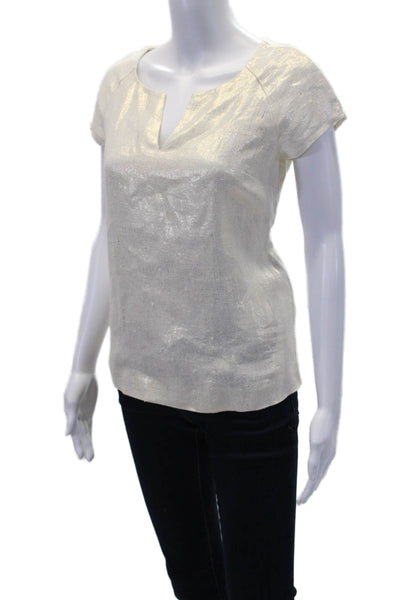 J Crew Womens Linen V-neck Short Sleeve Blouse Top Metallic Beige Size 0