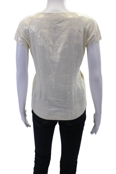 J Crew Womens Linen V-neck Short Sleeve Blouse Top Metallic Beige Size 0