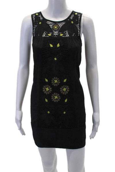 Ella Moss Womens Floral Eyelet Crew Neck Sleeveless A-Line Dress Black Size XS