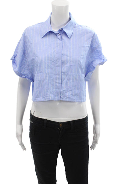 Zara Womens Cotton Striped Pocketed Short Sleeve Buttoned Crop Top Blue Size M