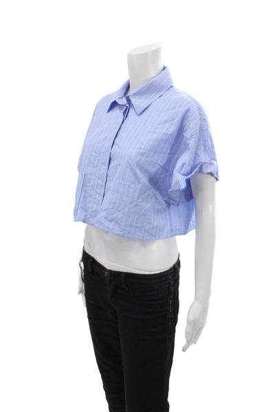 Zara Womens Cotton Striped Pocketed Short Sleeve Buttoned Crop Top Blue Size M