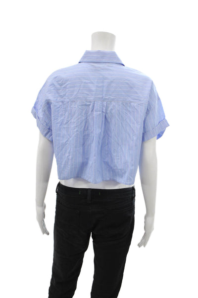 Zara Womens Cotton Striped Pocketed Short Sleeve Buttoned Crop Top Blue Size M