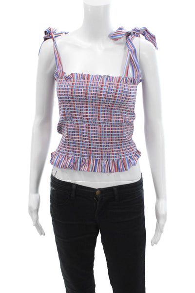 Petersyn Womens Cotton Smocked Tied Strap Striped Crop Top Blue Size L