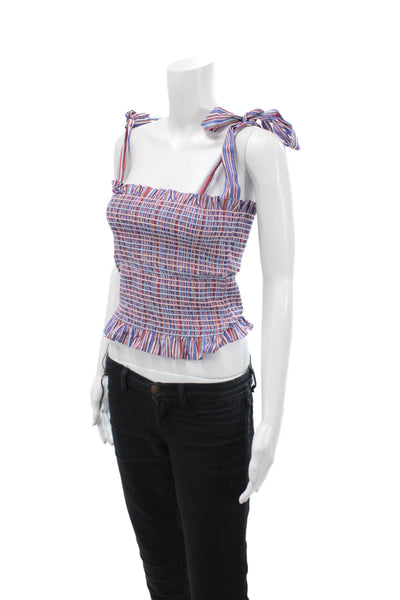 Petersyn Womens Cotton Smocked Tied Strap Striped Crop Top Blue Size L