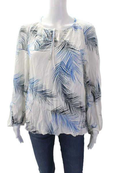 Charlotte Brody Womens Silk Leaf Print Blouse White Blue Size Large