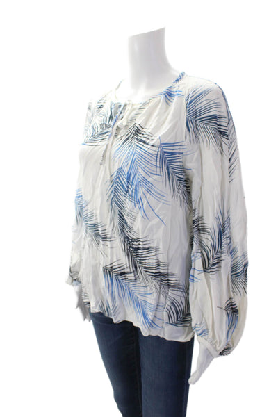 Charlotte Brody Womens Silk Leaf Print Blouse White Blue Size Large