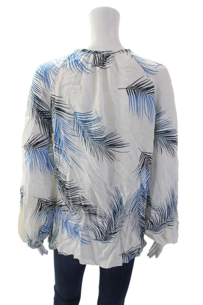 Charlotte Brody Womens Silk Leaf Print Blouse White Blue Size Large