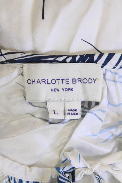 Charlotte Brody Womens Silk Leaf Print Blouse White Blue Size Large